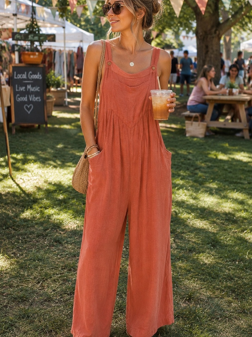 FREE PEOPLE Sleeveless Coral Cotton Wide-Leg Jumpsuit Sz L Feminine Boho Flowy